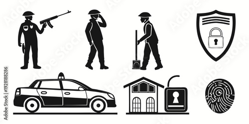 Diverse symbols representing various aspects of law enforcement and public safety. Vector