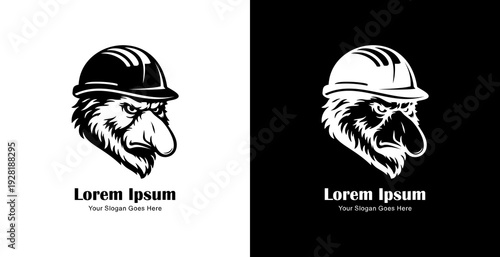 Logo design in the shape of a proboscis monkey's head wearing a project helmet
