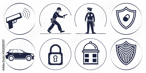 Icons representing various aspects of security and surveillance Vector
