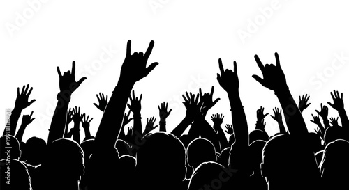 Silhouetted crowd with hands raised in rock gesture against white background.