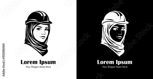 Logo design in the form of a young woman's head in a hijab wearing a project helmet
