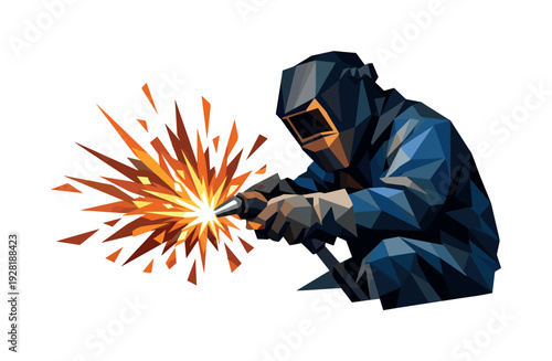 Low-poly vector illustration of a welder creating a dramatic spark shower, single industrial welder with sharply faceted anatomy