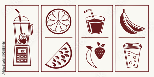 A variety of fruits and beverages including juice, water, and coffee Vector