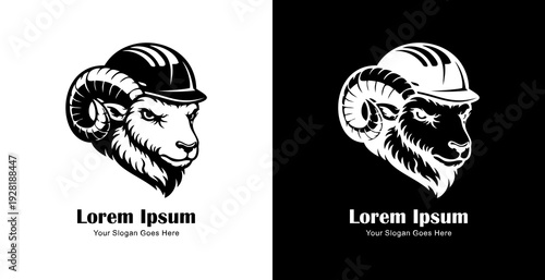 Logo design in the form of a sheep's head wearing a project helmet