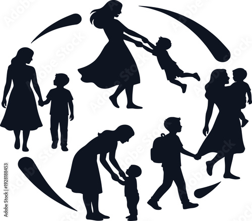 Mother and child silhouette set with parenting moments walking playing and holding hands family bonding collection for mothers day and lifestyle design.