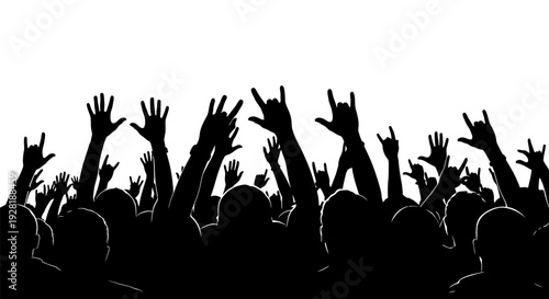 Silhouetted crowd with raised hands against a white background.