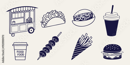 Assorted fast food items including hot dogs, ice cream, and soda Vector