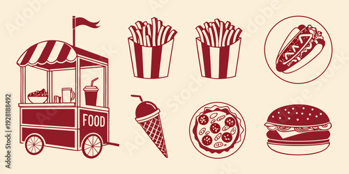 Ice cream truck and assorted ice cream cones with toppings Vector