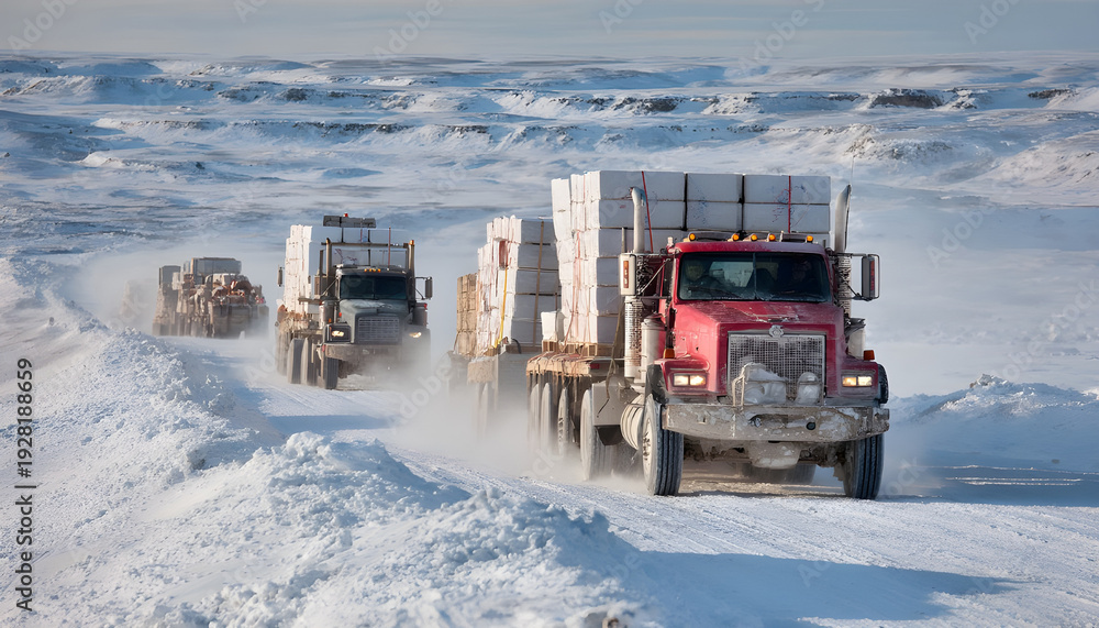 Naklejka premium Convoy Moves Across Frozen Terrain Carrying Vital Construction Materials