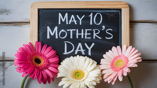 Mothers Day greeting on a chalkboard surrounded by vibrant pink white and light pink gerbera daisies