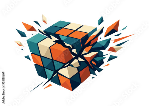Low-poly vector illustration of a data cube beginning to fracture, dynamic diagonal composition with cube edges splitting and