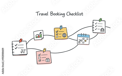 Milestone roadmap path, notebook strips as checkpoints, mini chart and calendar icons, pinned sticky notes for Travel booking