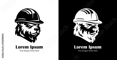 Logo design in the form of a dog's head wearing a project helmet