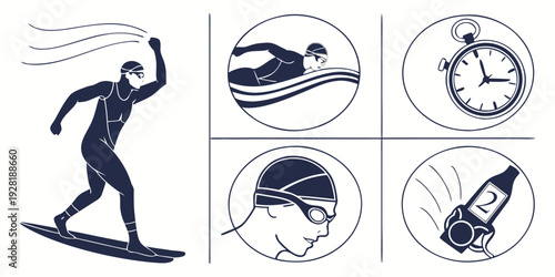 Illustrations of various sports and activities including swimming and skiing. Vector