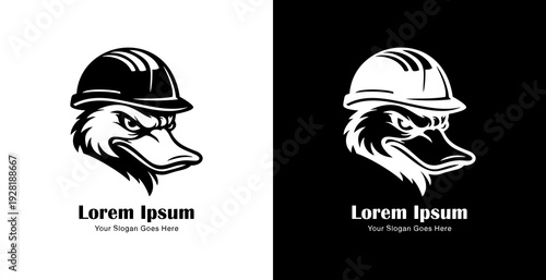 Logo design in the form of a duck's head wearing a project helmet