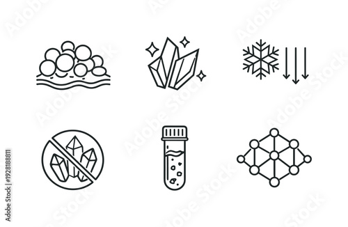 Vitrification Process Icons. Line style vector icons of vitrification procedure: biological-tissue icon, glass-like motif, cooling