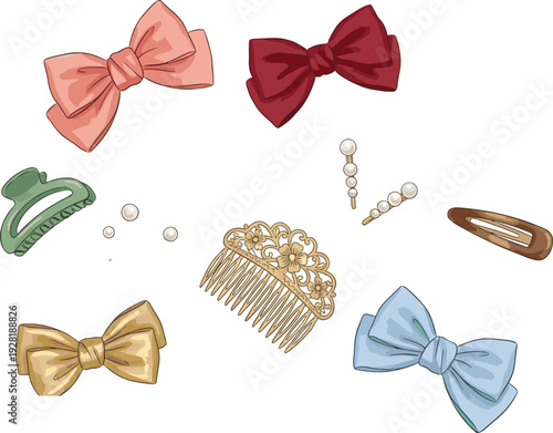 Elegant hand drawn hair accessories collection with bows, clips, pearls and decorative comb isolated on soft neutral background