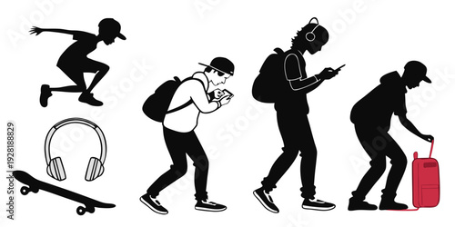 Illustration of a person performing various skateboarding tricks and stances Vector
