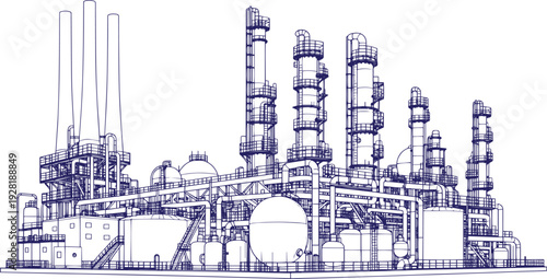 Oil Refinery Industrial Line Art Vector with Pipelines, Storage Tanks and Chimneys – Petrochemical Plant Technical Engineering Illustration, Black Outline Factory