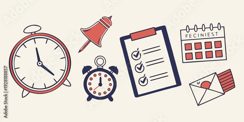 A collection of items representing time management and organization. Vector