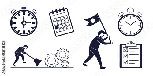 A person is juggling various elements related to time management and productivity. Vector