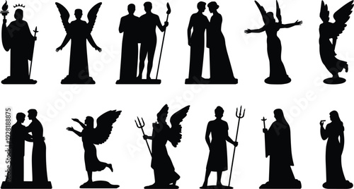 Silhouettes of various religious and mythological figures in black against a white background