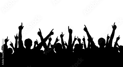 Silhouetted crowd with raised hands against white background.