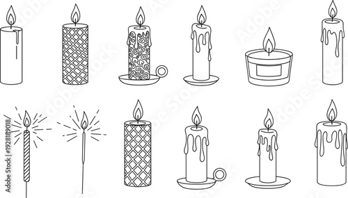 Burning candles outline icons vector set with wax candlelight and sparkler line art illustration