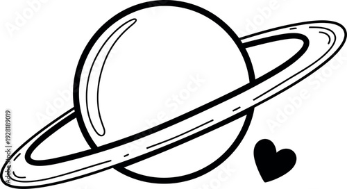 A beautifully drawn black and white illustration of saturn with a heart.