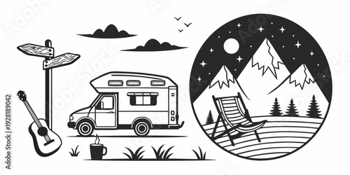 A scenic illustration of camping and outdoor activities under the stars Vector