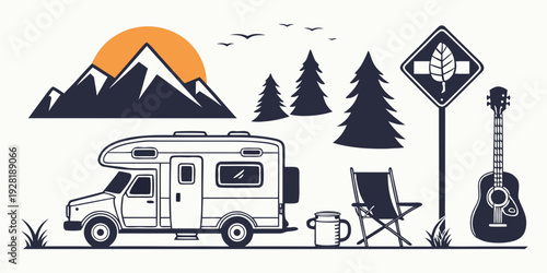 A family enjoying a camping trip with their rv in a scenic mountain area Vector
