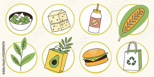 Assorted food items including fruits, vegetables, and condiments Vector
