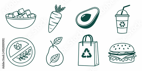 A variety of healthy foods and beverages including fruits, vegetables, and drinks. Vector