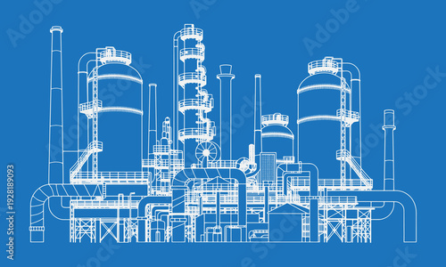 Oil Refinery Industrial Line Art Vector with Pipelines, Storage Tanks and Chimneys – Petrochemical Plant Technical Engineering Illustration, Black Outline Factory