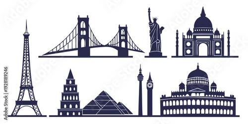 Iconic landmarks from around the world depicted in a minimalist style Vector