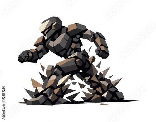 Low-poly vector illustration of a robot encountering resistance mid-charge, body twisting slightly with visible angular strain in
