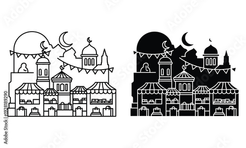 Ramadan Bazaar Scene Line Art and Silhouette with Mosques and Crescent Moon