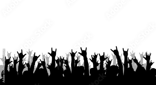 Silhouetted crowd with raised hands against white background.