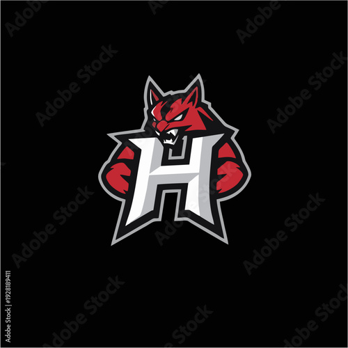 Logo maskot naga merah agresif dengan monogram huruf H tebal, lambang game esport modern dalam gaya vektor datar, sempurna untuk branding tim kompetitif, identitas klan, dan desain logo olahraga yang 