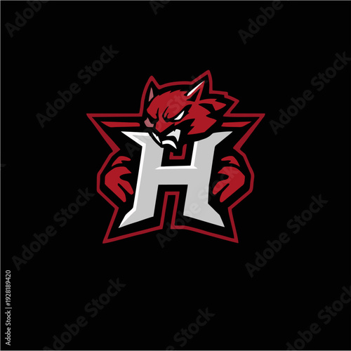 Logo maskot naga merah agresif dengan monogram huruf H tebal, lambang game esport modern dalam gaya vektor datar, sempurna untuk branding tim kompetitif, identitas klan, dan desain logo olahraga yang 