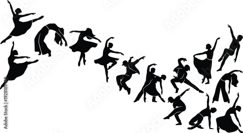 Dance silhouette mega set with jumping spinning and contemporary ballet poses artistic performer collection for choreography poster and studio design projects.