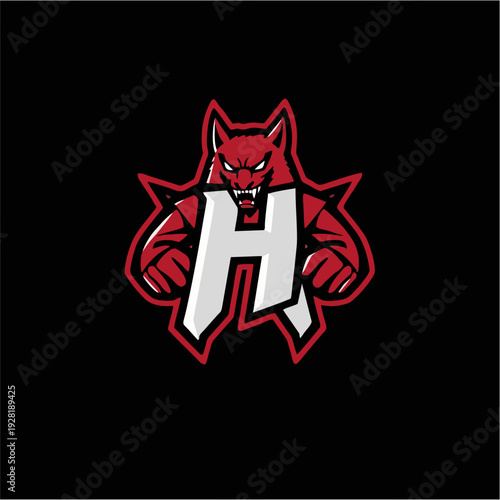 Logo maskot naga merah agresif dengan monogram huruf H tebal, lambang game esport modern dalam gaya vektor datar, sempurna untuk branding tim kompetitif, identitas klan, dan desain logo olahraga yang 