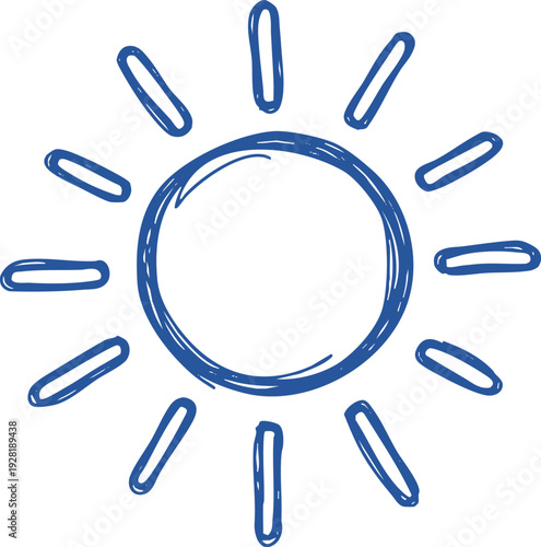 A simple blue sun icon with rays on a white background