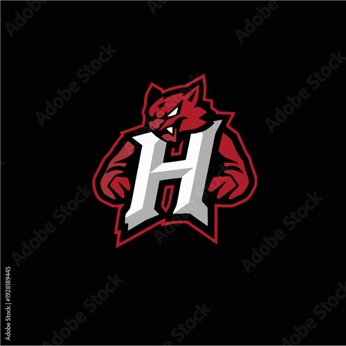 Logo maskot naga merah agresif dengan monogram huruf H tebal, lambang game esport modern dalam gaya vektor datar, sempurna untuk branding tim kompetitif, identitas klan, dan desain logo olahraga yang 