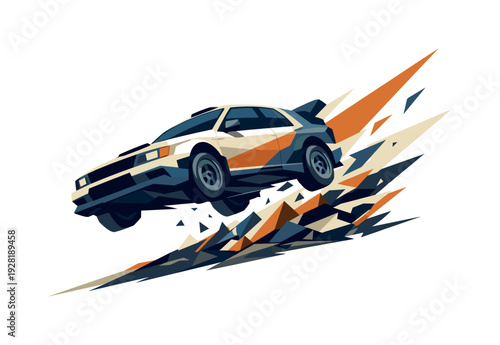 Low-poly vector illustration of a rally car accelerating into the jump, dynamic diagonal composition with the car lifting from