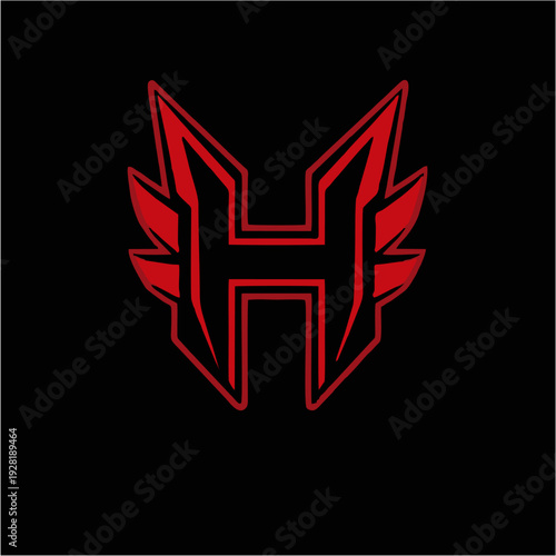 Logo maskot naga merah agresif dengan monogram huruf H tebal, lambang game esport modern dalam gaya vektor datar, sempurna untuk branding tim kompetitif, identitas klan, dan desain logo olahraga yang 