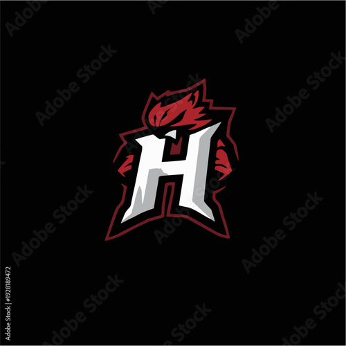 Logo maskot naga merah agresif dengan monogram huruf H tebal, lambang game esport modern dalam gaya vektor datar, sempurna untuk branding tim kompetitif, identitas klan, dan desain logo olahraga yang 