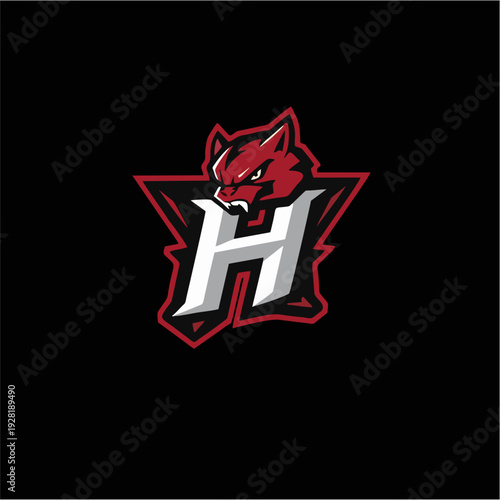 Logo maskot naga merah agresif dengan monogram huruf H tebal, lambang game esport modern dalam gaya vektor datar, sempurna untuk branding tim kompetitif, identitas klan, dan desain logo olahraga yang 