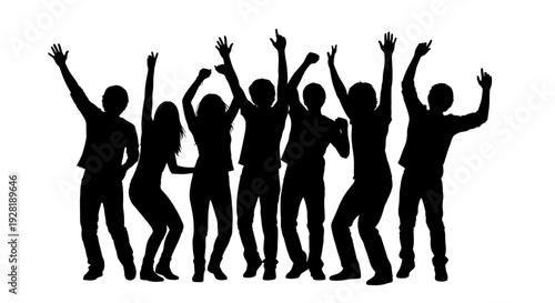 Group of people celebrating with raised arms in silhouette.