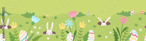 Cute Easter Egg hunt design, hand drawn with cute bunnies, eggs and decorations - great for invitations, banners, wallpapers - vector